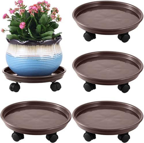 Pflanzen-Caddy mit Rollen, 30 cm, Kunststoff, Rollpflanzenständer, robuster Pflanzenroller mit Rollen, für drinnen und draußen, großer Untersetzer, Untersetzer, Braun, 4 Stück