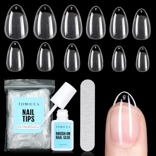 TOMICCA Kit Capsule Americaine Ongle avec Colle, 240 Pièces Courtes Amande Tips Ongles Artificiels & 7g Colle Faux Ongles, Qualité Professionnelle Salon, 12 Tailles