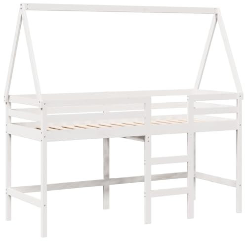 vidaXL Hochbett, Kinderbett mit Leiter Dach Sicherheitsgeländer, Spielbett für Kinderzimmer, Bett Holzbett Einzelbett, Weiß 80x200cm Massivholz Kiefer
