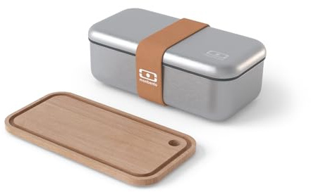 monbento - Lunchset Canyon- Edelstahl Brotdose Mikrowelle MB Sense + Schneidebrettchen MB Cut Original Kompatibel mit der Lunchbox Erwachsene - Perfekt für Picknicks/Arbeit - Metall & Holz