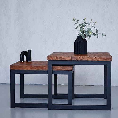 Raw Furniture Designs Couchtisch Massivholz - Set 2er Handgefertigt Couchtischen - Kleiner Quadratisch Tisch - Wohnzimmertisch - Coffee Table (Dunkel Holz, Schwarz, Horizontal Tischplatte)