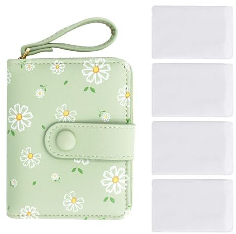 Portefeuille Floral 1 Pièce, Porte-Carte Transparent 4 Pièces, Portefeuille Vert, Porte-Carte Mignon, Portefeuille en Cuir pour Femmes