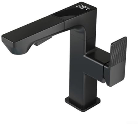 Robinet numérique à LED Displa, mitigeur thermostatique eau chaude et froide, extractible et rotatif, 2 modes d'eau, robinet d'évier de salle de bain avec valve (noir)