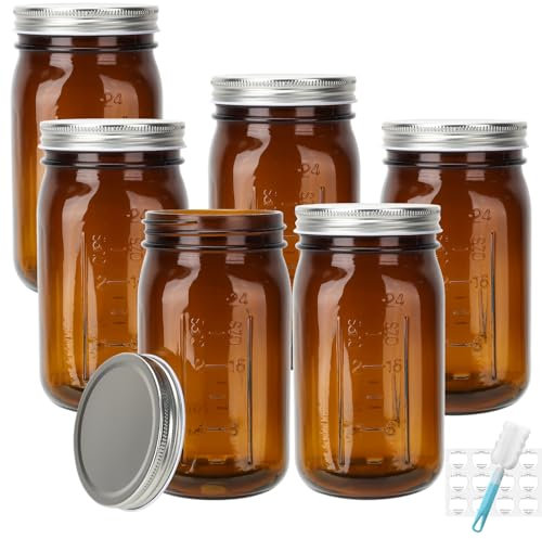 DHSBTLS Einmachgläser aus Glas, 900 ml, 6 Stück, bernsteinfarben, breite Öffnung, Einmachgläser mit silberfarbenen Aluminiumdeckeln und Bändern, luftdichte Gläser für die Aufbewahrung von