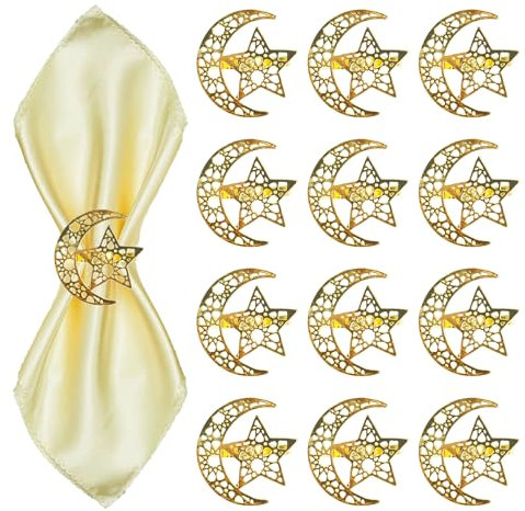 Serviettenringe 12 Stück Serviettenringe Ramadan Gold Hollow Star Metall Serviettenring Set Eid Mubarak Serviettenschnallen Halter Serviette Ringe Tischdekoration für Ramadan Bankett Hochzeit Party