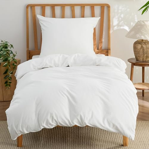 BEDSURE Bettwäsche 135x200 Baumwolle 2teilig - Bettwäsche-Sets Weiß Bettbezug mit 1 Kissenbezug 80x80 cm, Ähnliche Textur wie Washed Leinen, Oeko-TEX Bedding Weiß mit Reißverschluss