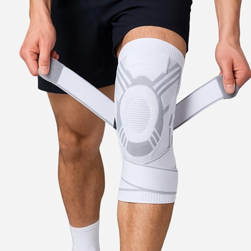 Drakon Rodillera Menisco y Ligamento. Rodillera de Compresión para Gym y Futbol con Estabilizadores Laterales y Bandas Ajustables. Rodillera Rotuliana para Hombre y Mujer. (Blanco, Large)