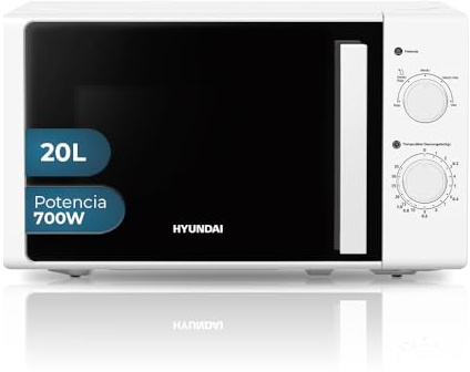 Hyundai Microondas 20 Litros Básico Blanco HMW2701. 700W, 5 Programas, Modo Descongelación, Revestimiento Interior, Fácil Limpieza, Temporizador 35min.