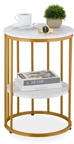 Relaxdays Beistelltisch Marmoroptik, 2 Ablagen, für Wohnzimmer, Metall & MDF, Sofatisch rund, HxD 57x40 cm, weiß/Gold