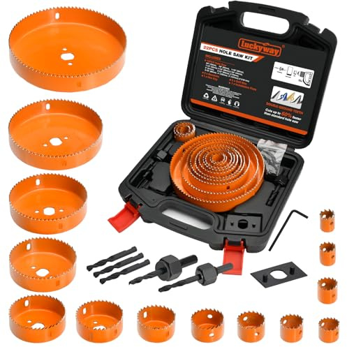 Luckyway Hole Saw Kit Pro, 24PCS Hole Saw Set with 3/4-6(19-152mm) 14PCS Hole Saws, Double-Ground Teeth for Clean Cutting, Ideal for Soft Wood, Plywood, Drywall, PVC
