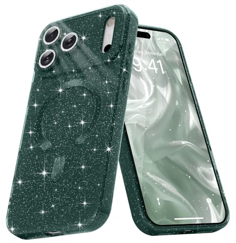 Micoden Magnetisch Glitzer Hülle für iPhone 17 Pro/iPhone 18 Pro Diamond | Diamant Kamera Schutzfolie, kompatibel mit MagSafe, Dünne Silikon TPU Handyhülle Mädchen Stoßfeste Schutzhülle, Hellgrün