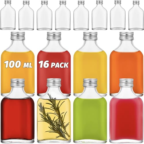 Danmu Art 16 Pack 100ml Glass Flask Bottles with Screw Lids - Airtight Bottles for Home Made Mead, Gin, Liqueur, Schnapps, Wine, Cider, Soda, Vodka - Leak Proof, Reusable