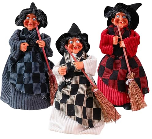 Ngbbby Küchenhexenpuppe, 3 Stück, 20, 3 cm, Fliegende Hexenfigur auf Besen für Halloween, Desktop-Dekoration, Spukhaus-Requisiten, Puppe