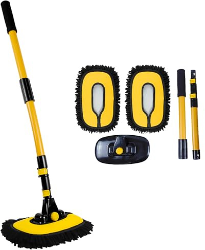 15° Curved Car Wash Brush Mop Telescopic SUV Van Truck Window Cleaning Microfibre Wash Brush Extendable Caravan Motorhome Lorry Truck with 2 Mop Heads