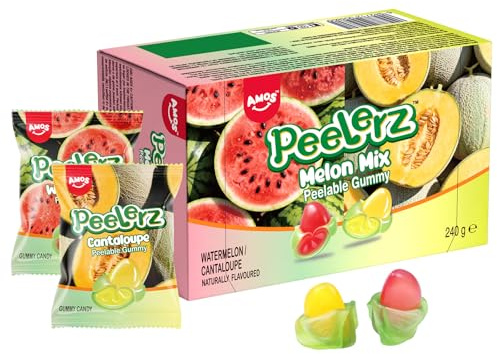 AMOS Peelerz Melon Mix Peelable Gummy Watermelon Cantaloupe Candy Sweets | Fun peelable gummy with individually wrapped. Ideal for party favors, movie nights, office rewards, and lunchbox 240g