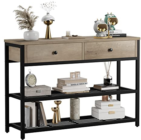GarveeLife Console d'Entrée avec 2 Tiroirs, Meuble de Rangement à 3 Niveaux, Style Industriel Bois Clair et Métal Noir, pour Salon et Hall, 30 x 102 x 81 cm
