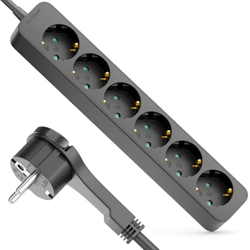 deleyCON Regleta 6 Tomas con Enchufe Plano - 5m Cable - Ideal Detrás Muebles, Base Múltiple Corriente Distribuidor Extensión Regleta 3680W 16A - Negro