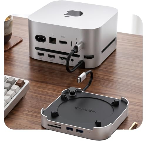 Stouchi Mac mini Dock mit 8TB NVMe/SATA SSD-Gehäuse für M6/M5 Pro/M4 Pro/M4 | 10 Gbit/s |Netzschalter | Stabiles WLAN |2X USB-A 10 Gbit/s, 4K HDMI, SD/TF-Slot, 2X USB-A Daten, Audio 3,5mm