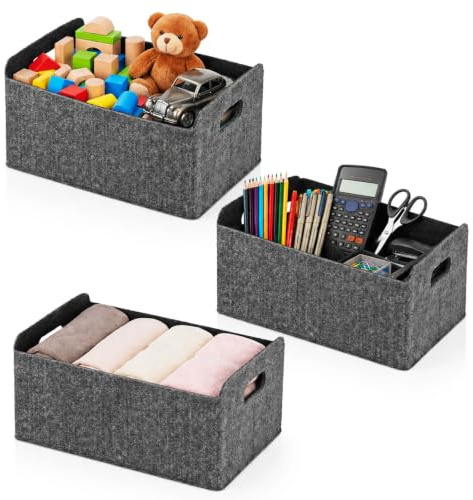 Kufeiper 3 Stück Filz-Aufbewahrungskorb, Robuste Faltbox mit Griffen, Grauer Filzbox-Aufbewahrungskorb, Aufbewahrungsbox aus Filz zum Aufbewahren von Spielzeug und Kleidung (31 x 25 x 15 cm)