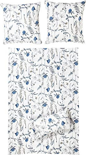 Erwin Müller Perkal-Seersucker Bettwäsche blau-weiß Größe 80x80 cm / 155x220 cm geblümt, schnelltrocknend, bügelfrei, mit Reißverschluss