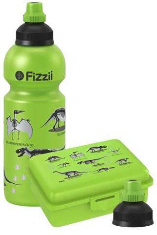 Fizzii Set Trinkflasche 600ml + Lunchbox inkl. Obst-/ Gemüsefach (schadstofffrei, spülmaschinenfest, Motiv: Dino)