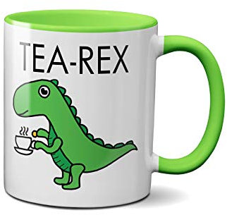 Tea-Rex Mug - Ceramic Tea Coffee Hot Drinks Cup Birthday Christmas Gift Present (Green Handle)
