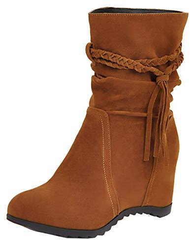 LUXMAX Donna Stivali con Zeppa Alta Tacco Alto Slip-on Scarpe Comodi con Frange (Marrone) - 36 EU