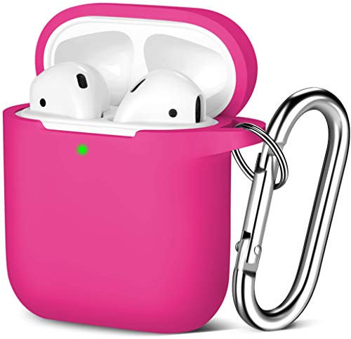 Maledan Kompatibel mit AirPods Hülle AirPods Case Apple Airpods 2 & 1, Voller Schutz Silikon Schutzhülle (Front LED Sichtbar) mit karabiner, Rose Rot