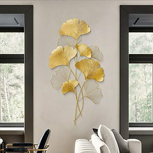 Ginkgo 3D en métal - Décoration murale - Fond de salon - Doré - 110 x 55 cm