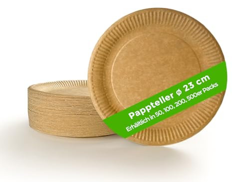 Ecocleo® Eco PAPPTELLER Einweg | Rund 23 cm | 50 Stück | Teller aus Karton Stabil | Partygeschirr umweltfreundlich, Einwegteller aus Pappe biologisch abbaubar | EU Made | Farbe Braun