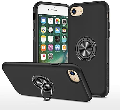 EYZUTAK Case for iPhone 7 Plus iPhone 8 Plus, 360 Degree Rotation Magnetic Metal Finger Ring Holder Magnet Car Holder Inner Silicone with Camera Protection Glossy Anti-drop Hard Cover - Black