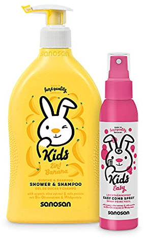 sanosan 2in1 Dusche & Shampoo Banane & Leichtkämm Spray - Haarpflege für Kinder mit Bio Olivenextrakt & Milchprotein - Duschgel, Haarshampoo, Leichtkämmspray - Haarpflege & Hautpflege