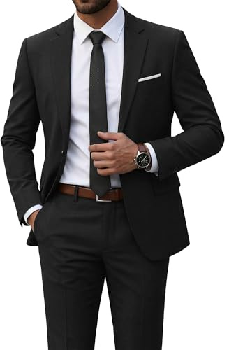 YND Men's 2 Piece Suit with Tie, One Button Slim Fit Solid Jacket and Pants Set, Suits for Men Prom Party Wedding & Business, Black