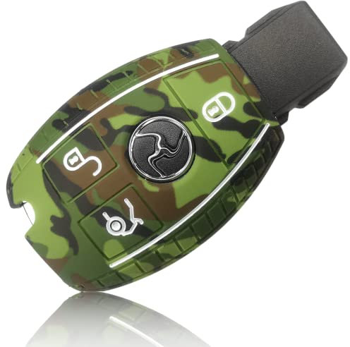 FOAMO Autoschlüssel Hülle kompatibel mit Mercedes Benz 3-Tasten - Silikon Schutzhülle Cover Schlüssel-Hülle in Camouflage Grün-Braun-Beige