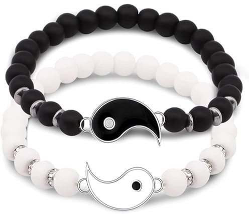 SHAMO Armband 2 Matching Yin Yang, Elastisches Seil Armband Freundschaft Bangle Pärchen Armband, Personalisierte Armbänder für Paare und Bester Freund,Retro Schwarz-Weißes Armbänder