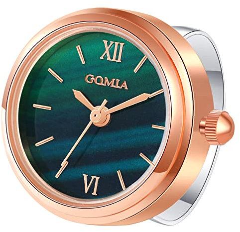 JewelryWe Ringuhr Fingeruhr Damen Analog Quarz Edelstahl Verstellbar Ring Uhr Fingerringuhr Uhrenring mit Grün Römischen Ziffern Rundem Zifferblatt und Rosegold Gehäuse