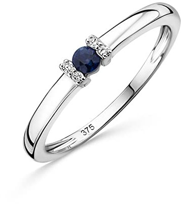 OROVI Schmuck Damen 0.02 Ct Diamant Verlobungsring Weißgold mit Edelstein/Geburtsstein natürlicher runder blauer Saphir und 4 Diamanten Brillanten Ring aus 9 Karat (375) Gold