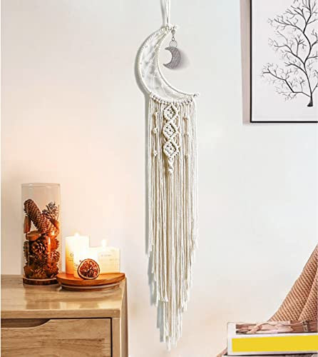 Traumfänger Mond Traumfänger Schlafzimmer Boho Dekor Makramee Traumfänger, Teen Girls Room Decor, White Dream Catchers for Girls Boys Adults Mom- Moon Catcher Boho Room Decor for Teen Girls Gifts Mom