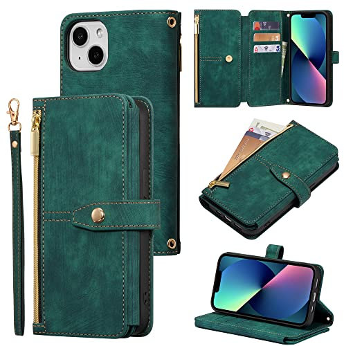 ZCDAYE Wallet Case for iPhone 13, Premium Leather Phone Case Women Ladies Holster with Card Slots Wrist Strap Zipper Flip Phone Cover for iPhone 13 (6.1 inches), Green