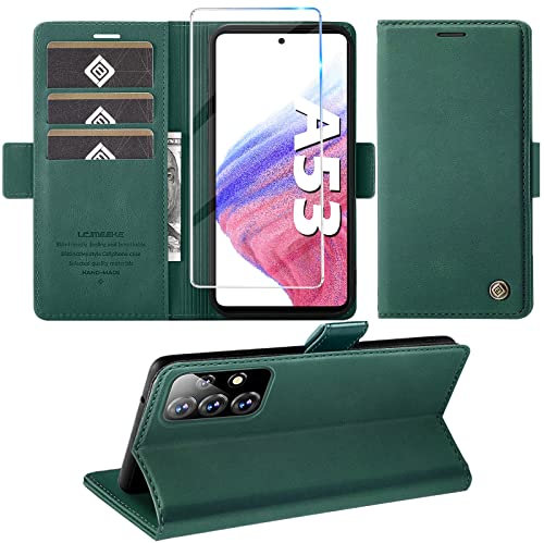 für Samsung Galaxy A53 5G Hülle mit Schutzfolie, Handyhülle Galaxy A53 5G Standfunktion Kartenfach Wallet Premium Leder Schutzhülle A53 5G Flip Case Cover Stoßfeste Klapphülle (grün)