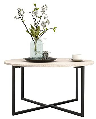 HOJINLINERO Couchtisch Rund,Wohnzimmertisch,Sofatisch,Kaffeetisch,Nachttisch,Beistelltisch Rund für Wohnzimmer Schlafzimmer,Stabiles Stahlgestell,Einfacher Aufbau,Industrie-Design,Schwarz/Eiche Teak