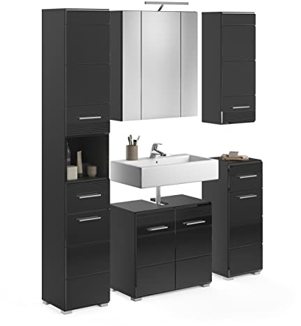 xonox.home Badezimmer Linus 5tlg. Kombination Badmöbel Set kleine Bäder Komplettprogramm Bademöbel-Set in Front schwarz Hochglanz Tiefzieh, Korpus schwarz Nb. inklusive Beleuchtung
