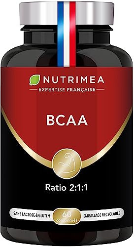 BCAA - Ratio 2:1:1 - Acides Aminés Essentiels Avec Vitamine B6 - Synthèse des Protéines - Réduction de la Fatigue & Récupération - 60 Comprimés Vegan Sécables - Nutrimea - Fabriqué en France