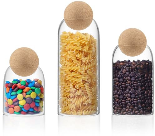 Winter Shore Glass Jars with Cork Lids [3 Pack] - Food-Safe Clear Glass Containers with Lids for Coffee Station, Pasta Storage, Candy Jar, Spice & Sugar Holder, Cereal - For Home, Kitchen & Bathroom