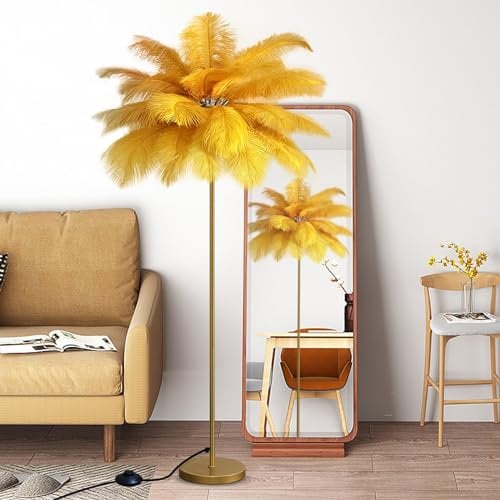 LDIEUWUET Wohnzimmer Stehlampe, Feder Stehlampe Gold, Moderne Stehlampe aus Natürlichen Straußenfedern Lampe, Hohe Federlampen, Wohnzimmer Feder Stehleuchte, für Schlafzimmer, Büro, Ecke