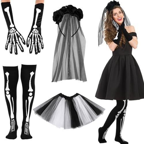 HICARER 4 Stück Halloween Tag der Toten Kostüme Set inklusive Skelett Handschuhe Skelett Strümpfe Schwarzer Haarreif mit Langem Schleier und Blumen 1 Tutu Rock Gotisch Braut Kostüm für Damen