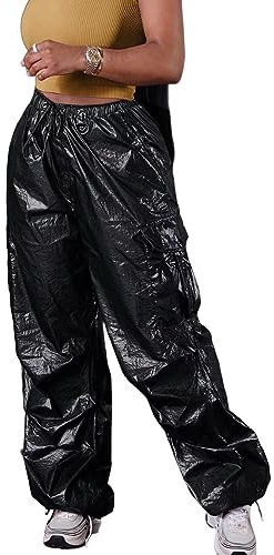 ThusFar Damen Shinny Sparkly Fallschirm Hosen Elastische Taille Party Pailletten Glitzer Cargo Pants Baggy Jogger Sweatpants, Typeh-schwarz, XX-Large