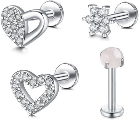 Briana Williams 4 Stück Lippenschrauben Labret 16G 8mm Tragus Rook Stange Herz Blume Ohrring Edelstahl Silber Transparent Piercingschmuck