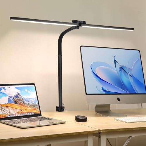 Lightess Doppelkopf Schreibtischlampe LED mit Gestensteuerung & Fernbedienung, 20W 80CM Dimmbare Klemmlampe mit Stecker Schwarz Tischlampe Tageslichtlampe für Büro Monitor Architekenden