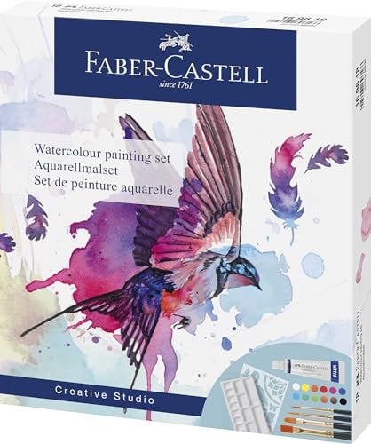 Faber-Castell 169618 - Juego de Acuarelas con 12 tubos de Pintura + 4 Pinceles de Acuarela + Paleta de Mezcla y Plantilla